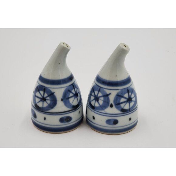 Vintage Salt & Pepper Shaker Set Blue & Grey Geometric - Picture 4 of 7